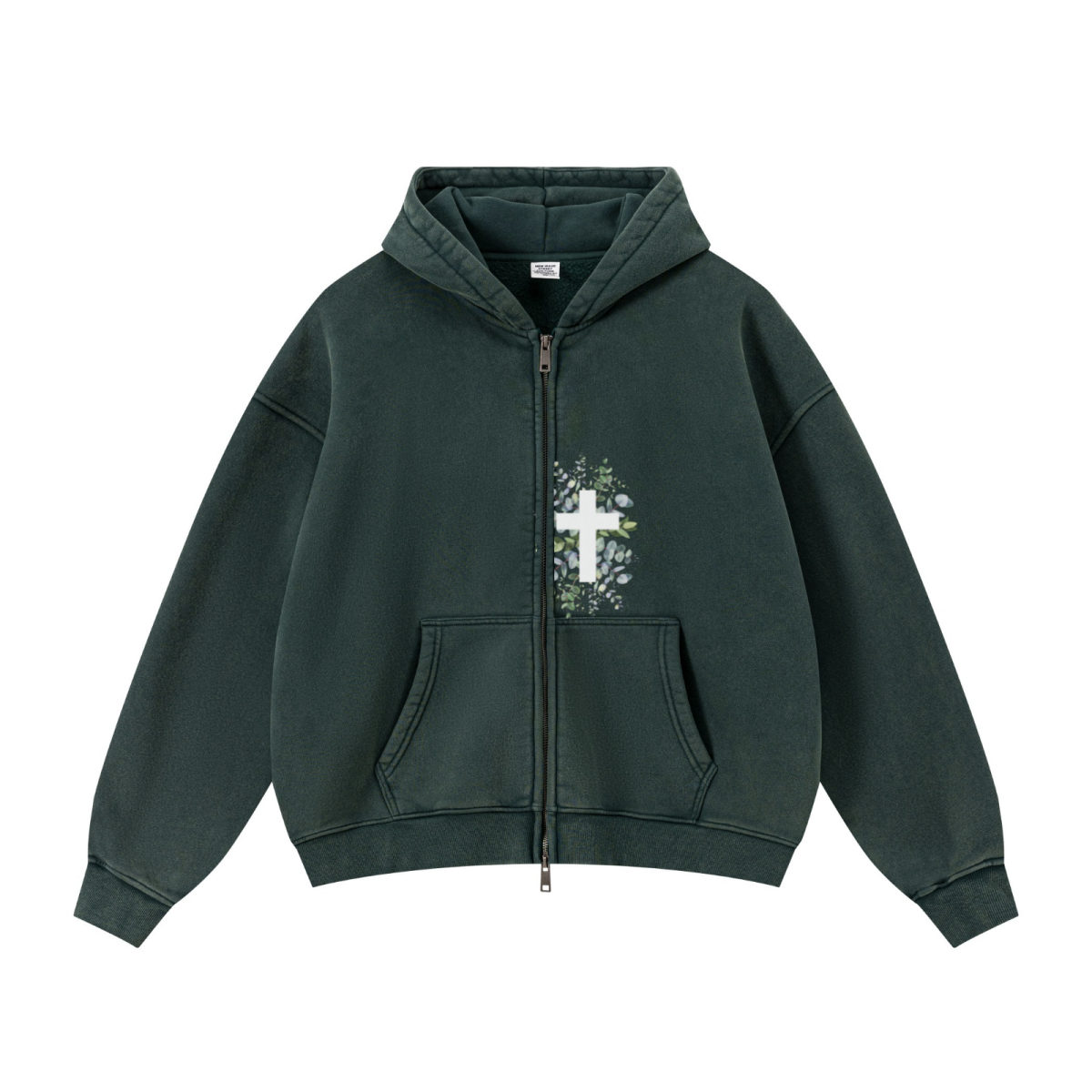 400GSM Unisex Vintage-Wash Boxy-Fit Zip-Up Hoodie Vintage Moss Green