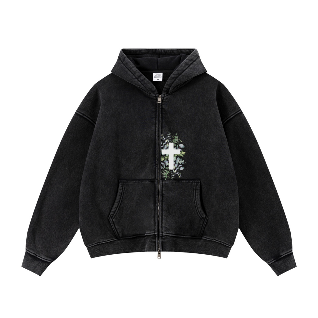 400GSM Unisex Vintage-Wash Boxy-Fit Zip-Up Hoodie Vintage Black